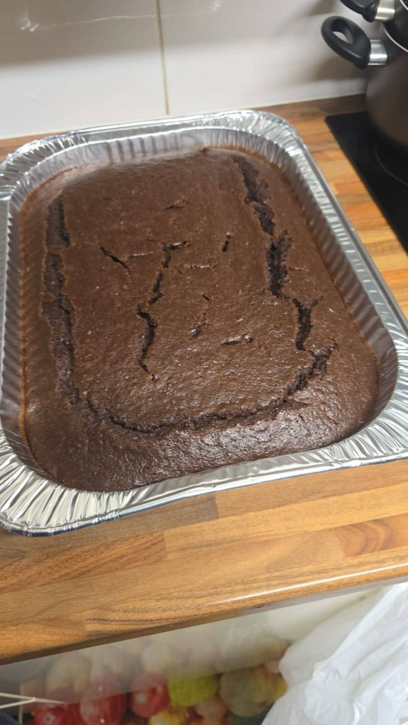 Freshly baked chocolate cake in a tray